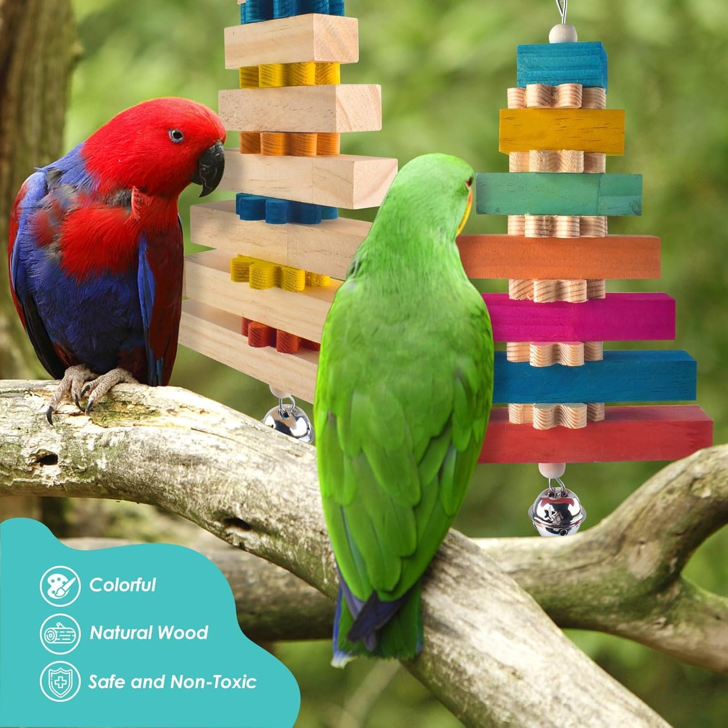2 count Bird Toys for Parrots, Colorful  Large Parrot     Block with Bell for Medium to Large Cockatiels, Eclectus,  Greys, , Cockatoo