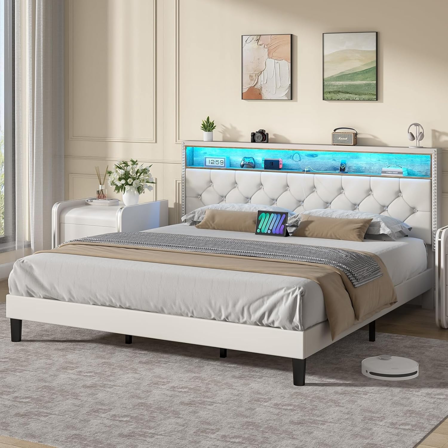 4 EVER WINNER King Size Bed Frame with Storage Headboard, Velvet Upholstered Bed Frame with LED Light, White King Bed Frame with Charge Station, White