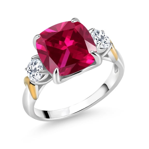 Gem Stone King 925 Silver and 10K Yellow Gold Red Created Ruby and White Topaz 3 Stone Ring for Women (5.66 Cttw, Gemstone July Birthstone, Cushion 10MM, Round 4MM, Size 6)