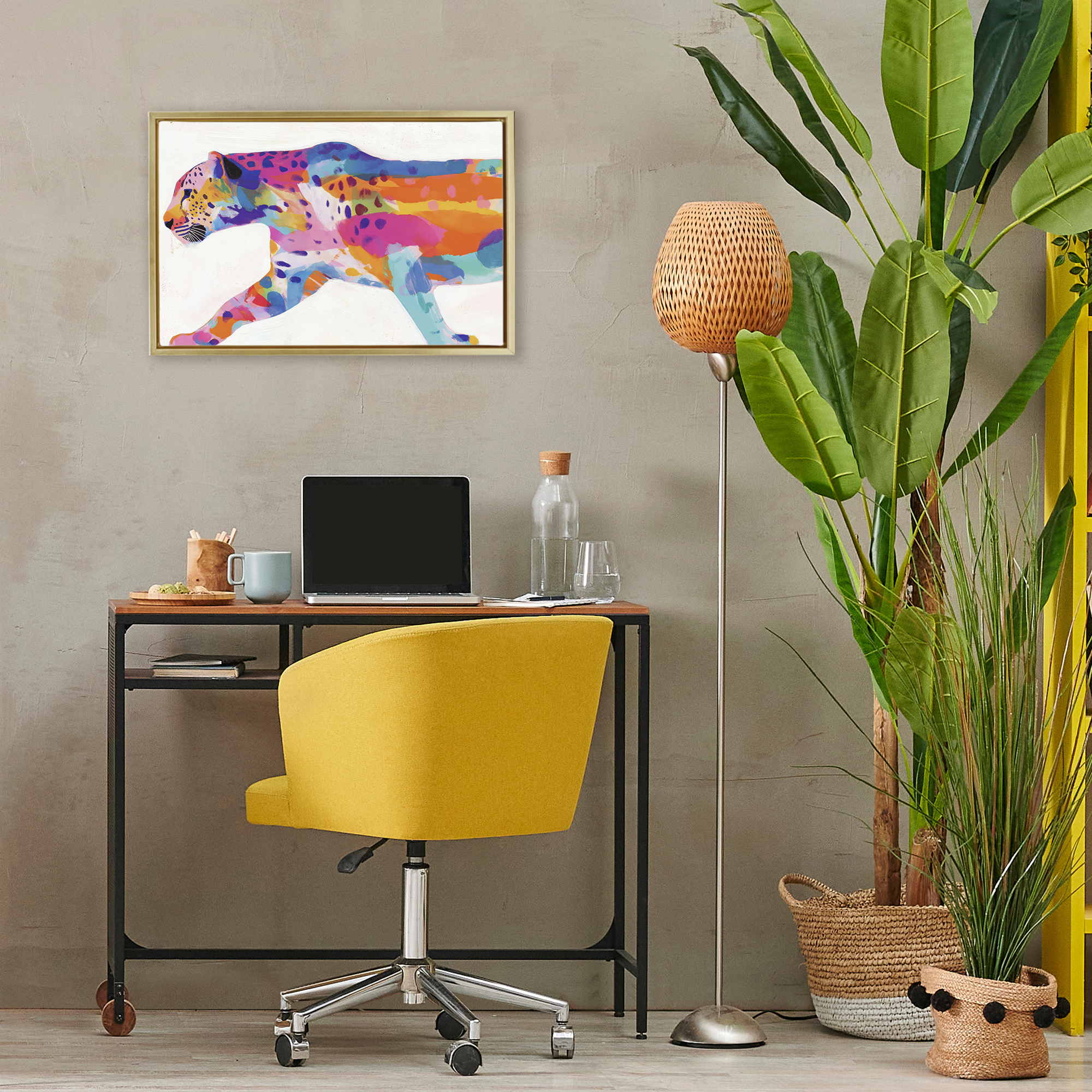 Stupell Industries Vibrant Hued Cheetah In Motion Gold Framed Floater Canvas Wall Art, design by Chromatic Storm Studio