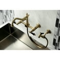 thumbnail image 2 of Kingston Brass KS1243PKLBS Duchess Double-Handle Wall-Mount Bridge Kitchen Faucet with Brass Sprayer, Antique Brass, 2 of 8