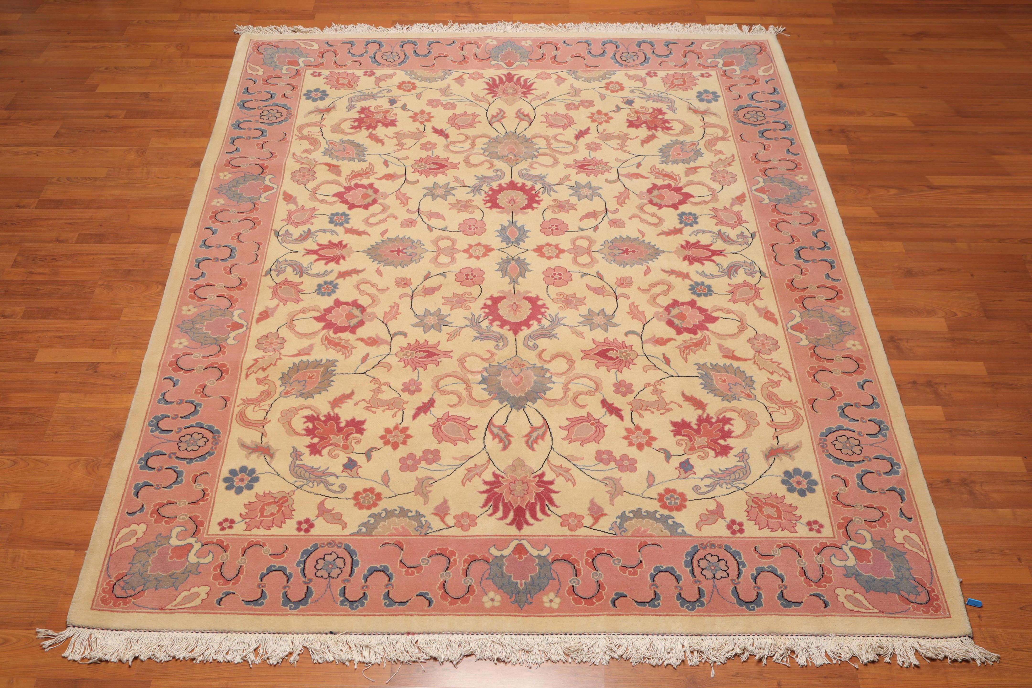7'10"x9'11" Beige Pink Rose, Blue, Grey, Multi Color HandKnotted