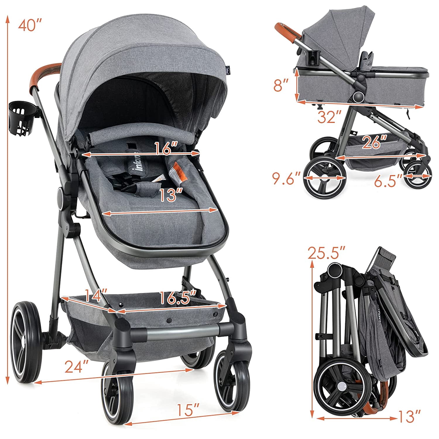 OLAKIDS 2 in 1 High Landscape Convertible Baby Stroller, Newborn Reversible Pram, Foldable Pushchair with Adjustable Canopy, Aluminum Structure, 5-Point Harness for Infant Toddler