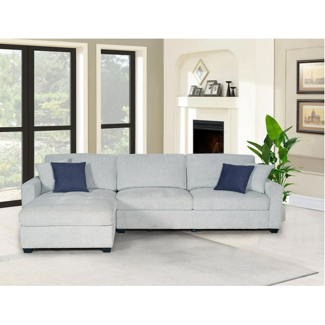 K-Living Amaya Linen Weave Fabric Reversible Sectional Sofa in Sand Color with 2 Throw Pillows