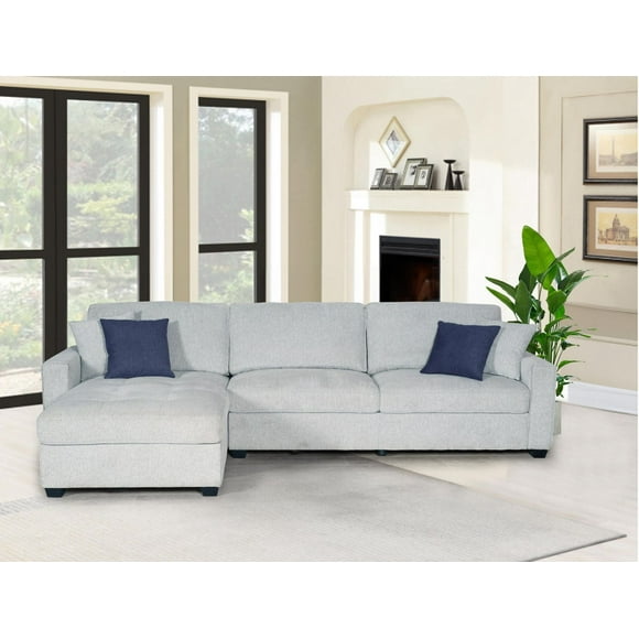K-Living Amaya Linen Weave Fabric Reversible Sectional Sofa in Sand Color with 2 Throw Pillows