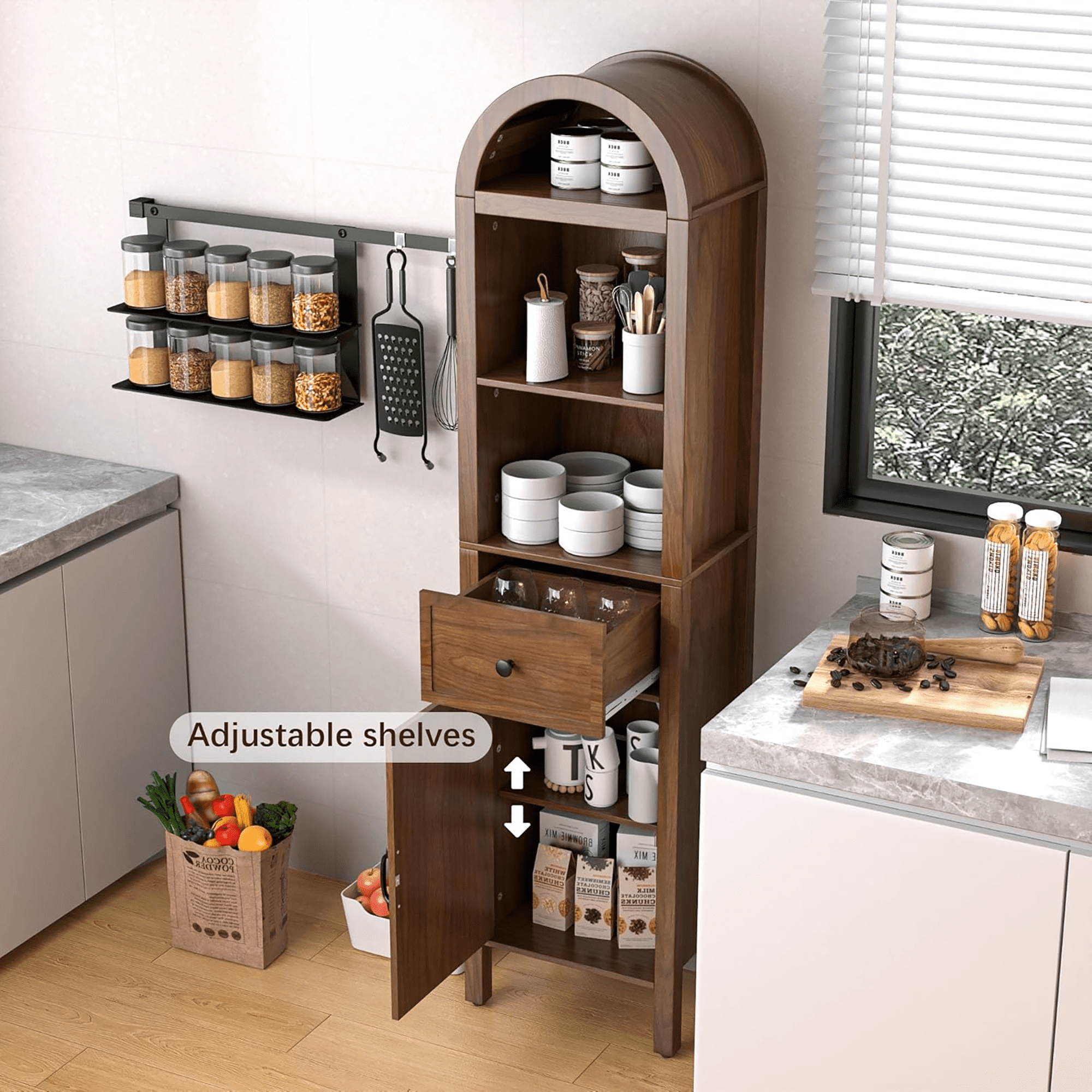 Oubayajia 64" Tall Bathroom Storage Cabinet, Narrow Tall Arched Linen Standing Tower Cabinet, Kitchen Cupboard with Adjustable Shelf and Drawer