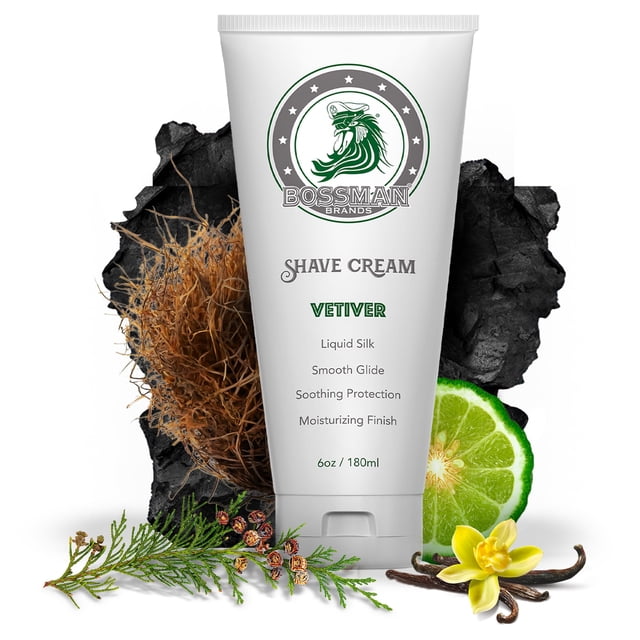Bossman Crema de afeitar de seda líquida para hombres - Fórmula para piel sensible Deslizamiento suave y protección calmante - Acabado hidratante (aroma Vetiver X)
