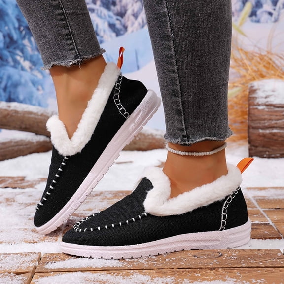Black Womens Cotton Lined Boots Winter Fleece Thickened Slip Resistant Denim Upper Pull Tab Warm Casual Everyday Light Outdoor Wear Size 36