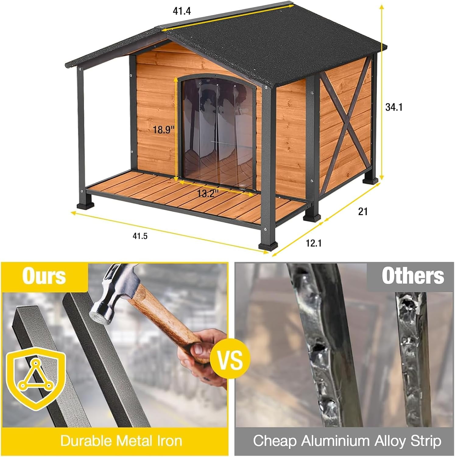 AIVITUVIN Heated Outdoor Dog House - Weatherproof Insulated Wooden Shelter with Iron Frame, Large Porch for Medium & Large Dogs, Indoor/Outdoor Kennel(XL)