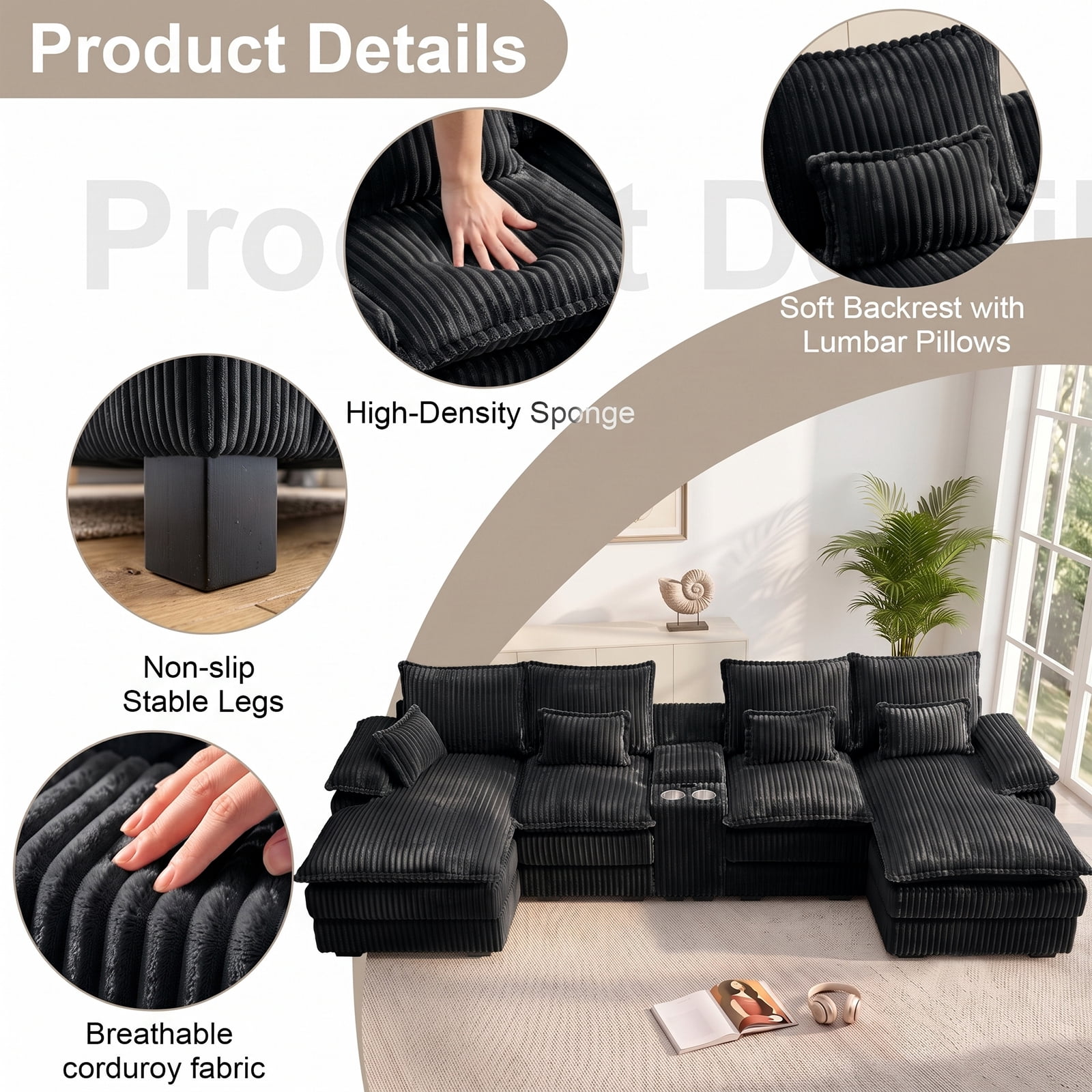 Avobird Oversided 124" U Shaped Cloud Couch Sectional, DeepSeat Sofa Bed with USB Charging, Hidden Storage, Cup Holders & Chenille Double Chaise, Gray