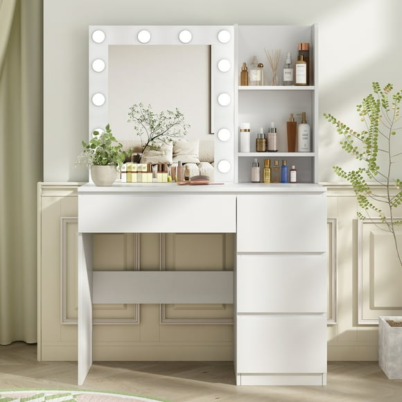 Vabches Makeup Vanity Table with 12 Lights, Vanity Desk with Lighted Mirror, 4 Large Drawers Dresser, 3 Lighting Modes Brightness Adjustable, Modern, White