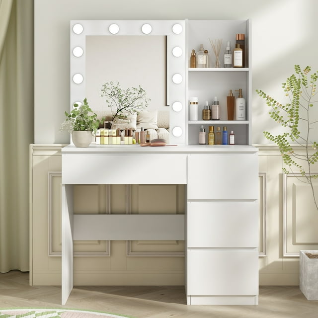 Vabches Coiffeuse avec 12 Lumières, Coiffeuse avec Miroir Éclairé, Commode à 4 Grands Tiroirs, 3 Modes d'Éclairage Luminosité Réglable, Moderne, Blanc