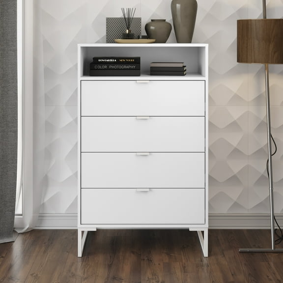 Kappesberg Collins White Tall 4-Drawer Dresser with Open Shelf – 47.6"H x 29.1"W x 17.7"D - for Adults and Teens