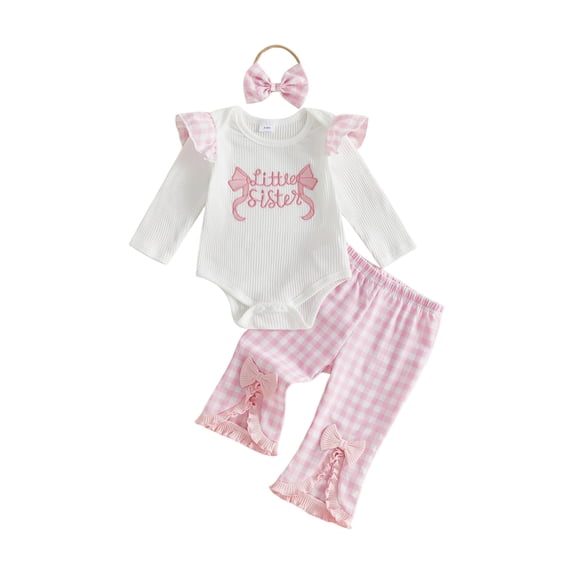 Cjfdfy Newborn Baby Girl Fall Clothes Little Sister Embroidered Long Sleeve Romper Bell Bottom Pants And Headband Set Little Baby Cute Coming Home Fall Winter Outfit 0-18 Months