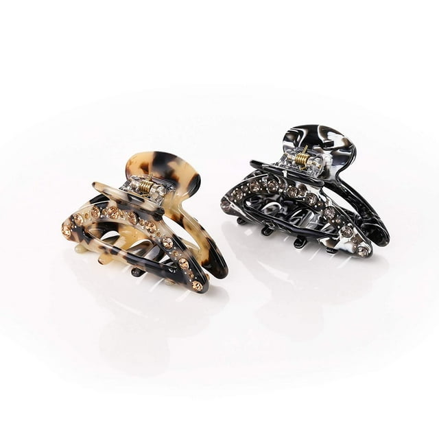 Tortoise Shell Cellulose Acetate Hair Clip Claw 2pcs Mini Rhinestone Hair Accessories Small French Design Hair Jaw Clamp for Women with 2pcs Spiral Hair Ties