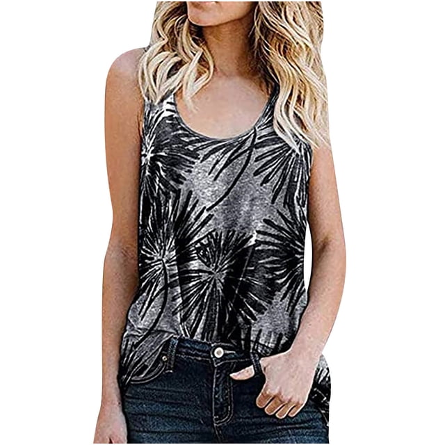 Camiseta sin mangas con cuello redondo y estampado de flores sueltas informales para mujer Pompotops lopia989099
