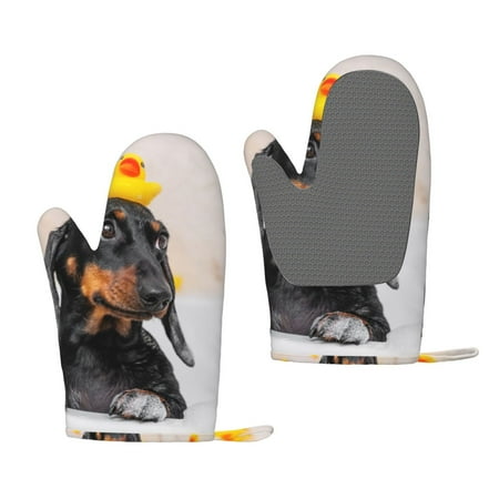 

Zufioo Dachshund Sitting in Bathtub Print Silicone Anti-Scalding Gloves Kitchen Hanging Rope Gloves Kitchen Utensils Suitable for Barbecue Baking Cooking
