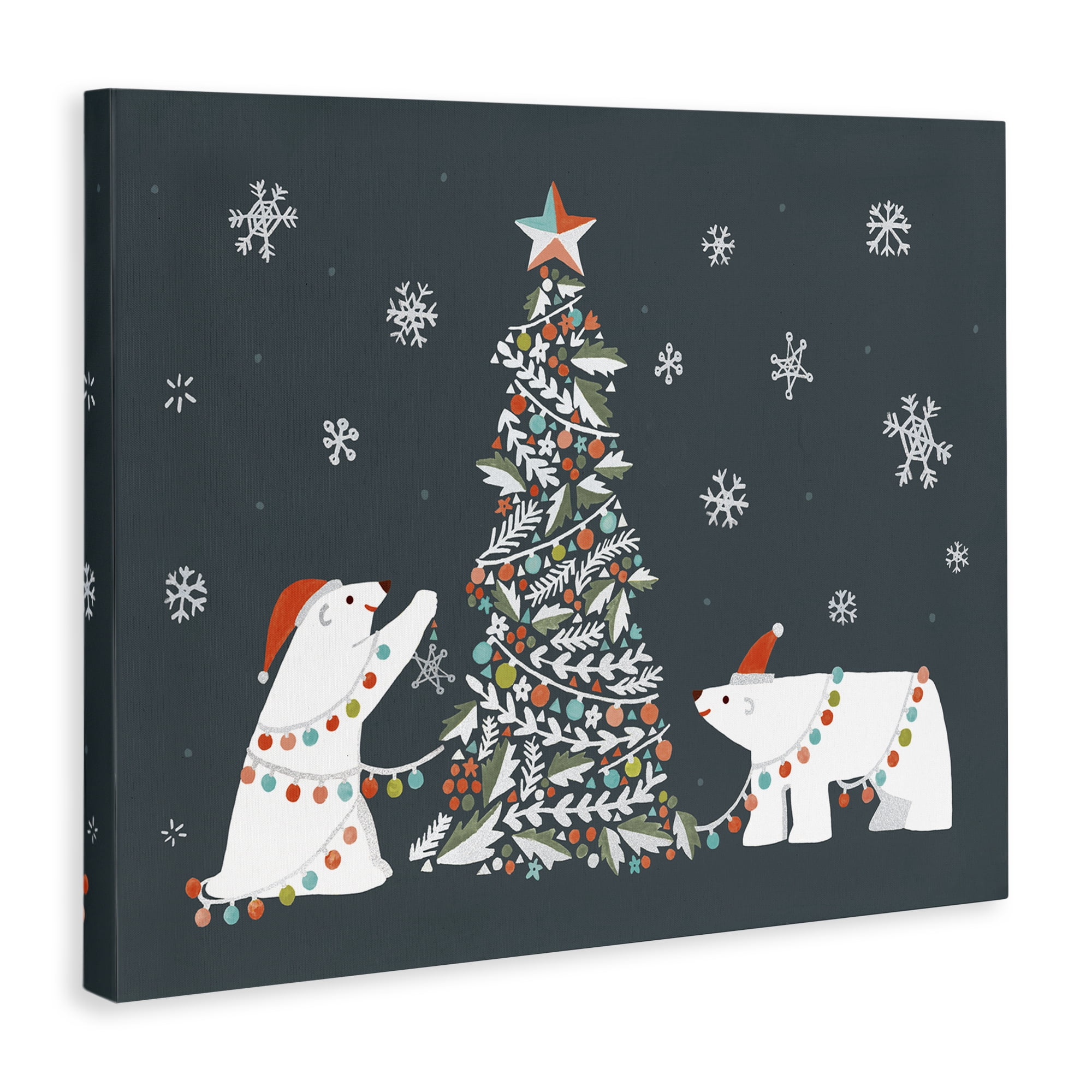Stupell Industries Polar Bears with Christmas Tree Holiday Painting Gallery Wrapped Canvas Art Prints Wall Art, 20 x 16