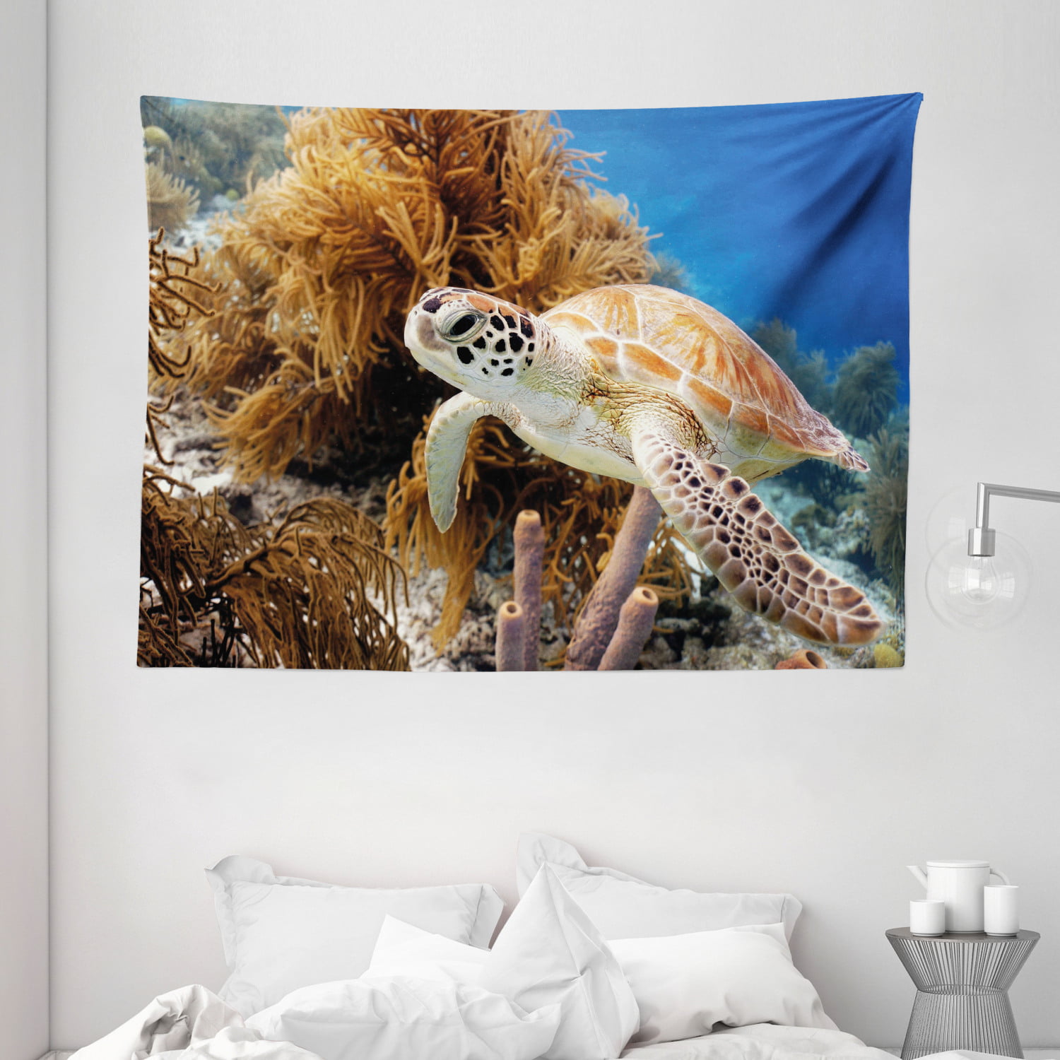 Turtle Tapestry, Coral Reef and Sea Turtle Close Up Photo Bonaire Island  Waters Maritime, Wall Hanging for Bedroom Living Room Dorm Decor, 80W X 60L  