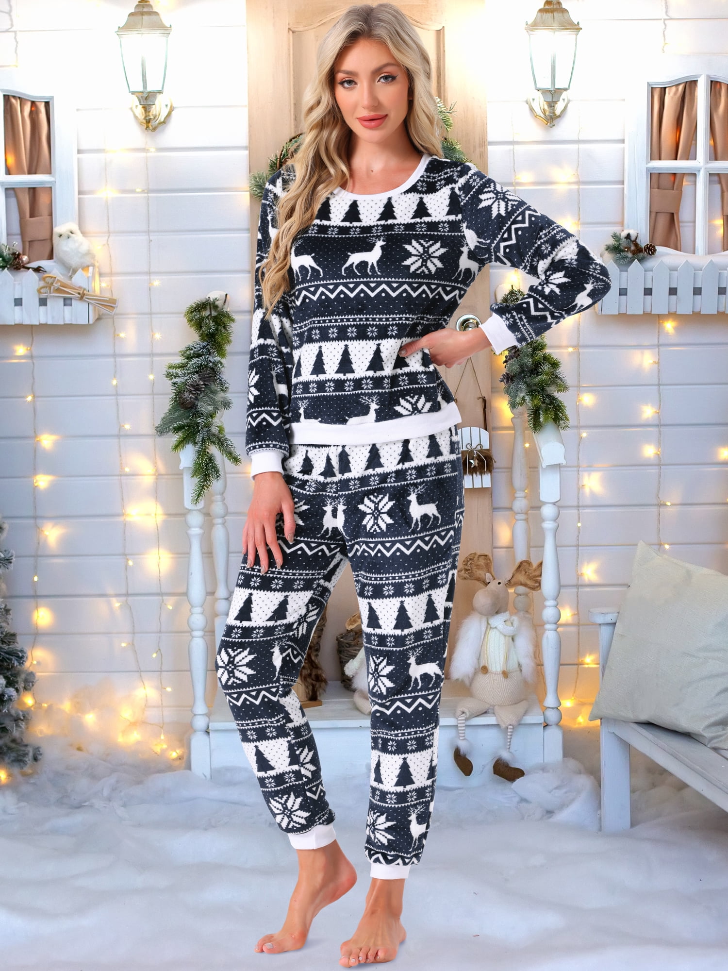 DARING DIVA Women's Fuzzy Fleece Pajama Sets Long Sleeve Top with Pants XL Navy Blue