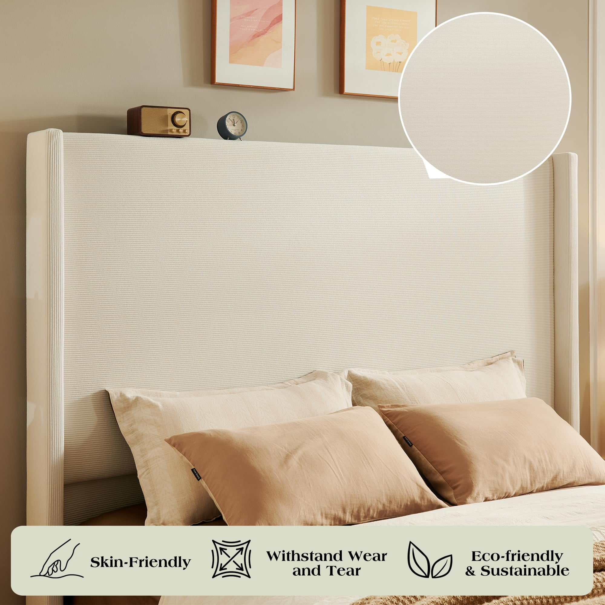 VanAcc Queen Bed Frame with 63" Tall Headboard, Horizontal Fine Corduroy Bed Frame with Upholstered Wingback, Vintage Solid Wood Gourd Legs, Cream