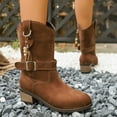 thumbnail image 2 of Suede Riding Boots for Women Round Toe Pull on Wide Calf Cowboy Boots Stacked Heel Mid Calf Booties, 2 of 6