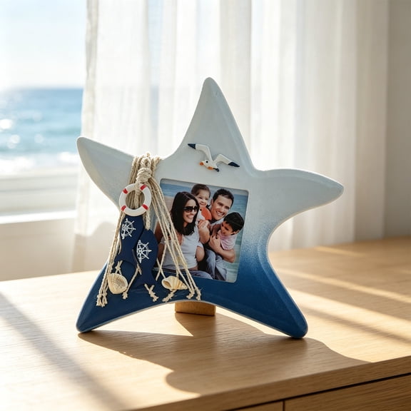 Mediterranean Scallop and Fish Shaped Wooden Picture Frame, 3-Inch Photo Display Stand with Starfish Accent, Beach-Themed Desktop Ornament for Home Decor