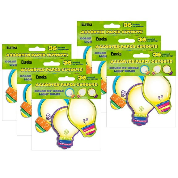 Eureka Color My World Light Bulbs Assorted Paper Cut Outs, 36 Per Pack, 6 Packs