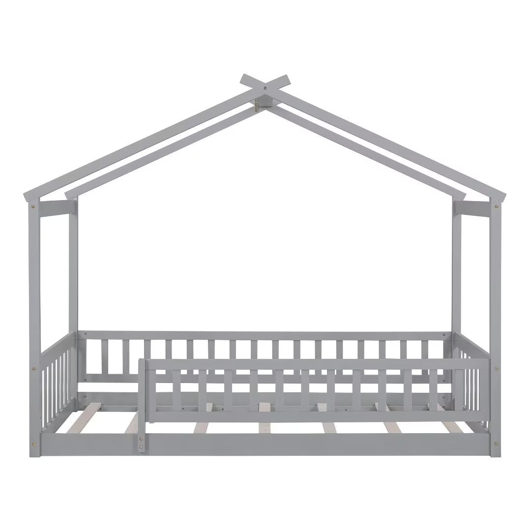 Twin Size House Bed, Wood Floor Bed with Fence and Roof, Montessori Bed Playhouse Bed Toddler Bed Frame for Kids Girls and Boys, Gray