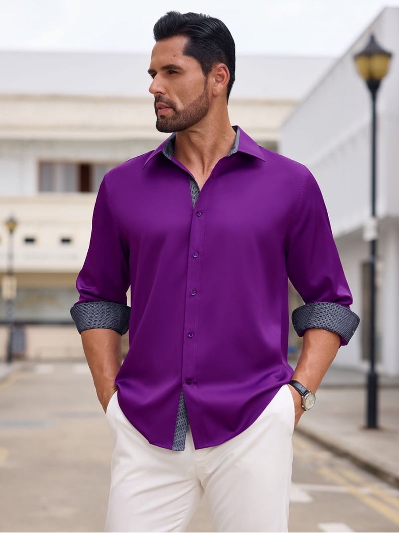 slim fit dress slacks Barry. Wang Black Silver Splicing Shirt Blue Long Sleeve Button Down Business Shirt, M main image 1