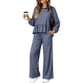 thumbnail image 4 of Szluipve Women Gingham Plaid 2 Piece Outfit Long Sleeve Ruffle Hem Loose Top Wide Leg Cropped Pants Casual Loungewear Set Dark Blue L, 4 of 5