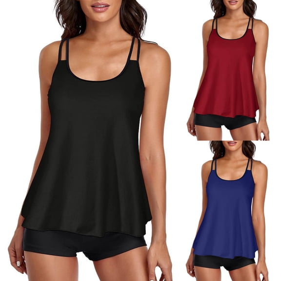 RotHome Women's Plus Size Tankini Swimsuit Tummy Control Long Torso Top High Waisted Boyshorts Two Piece Bathing Suit Black Elegant Swimwear