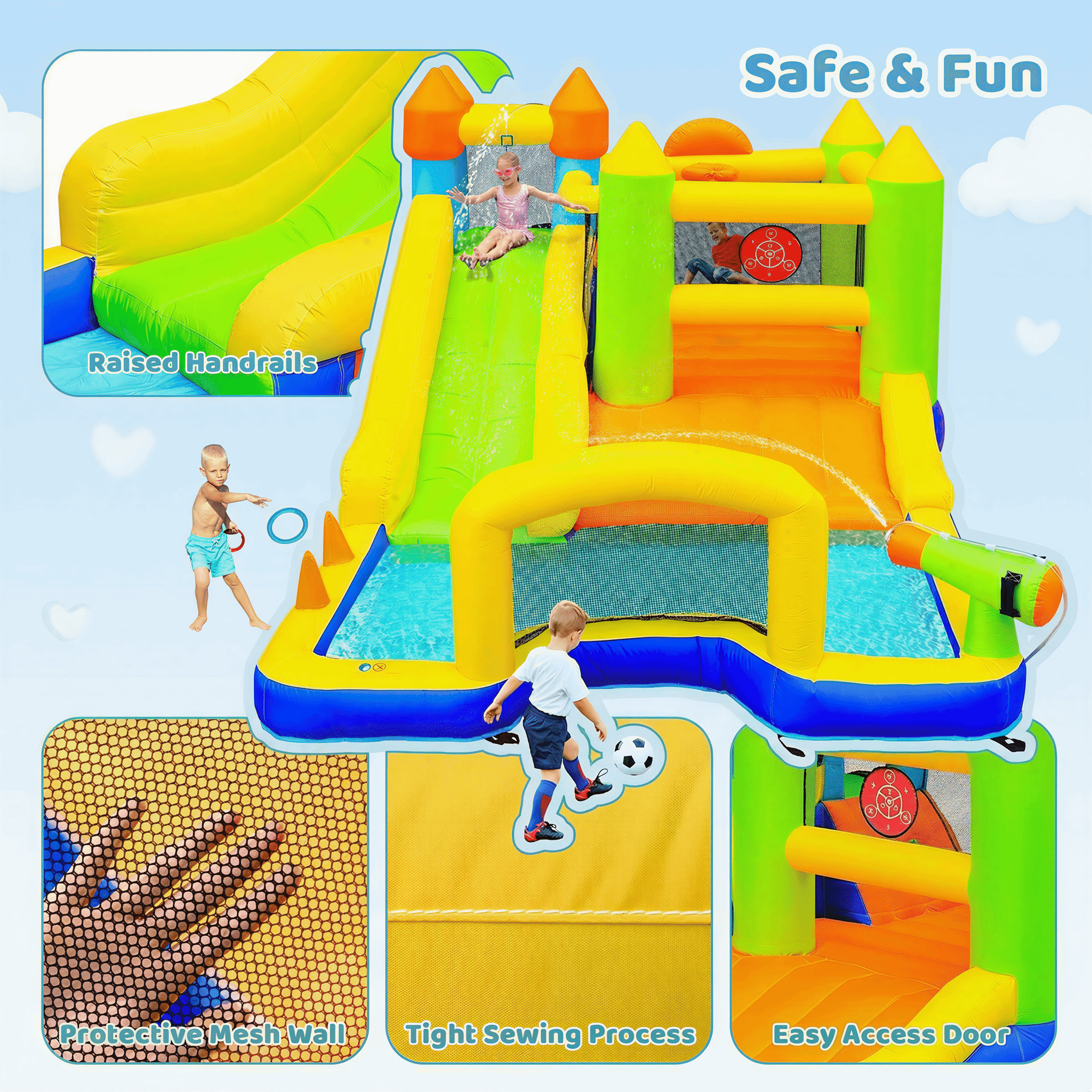 TLSUNNY Inflatable Bounce House for Kids , W/ Water Slides, Climbing Wall, Splash Pool, Soccer Goal, Water Cannon, Bounce Castle for Outdoor Backyard Party