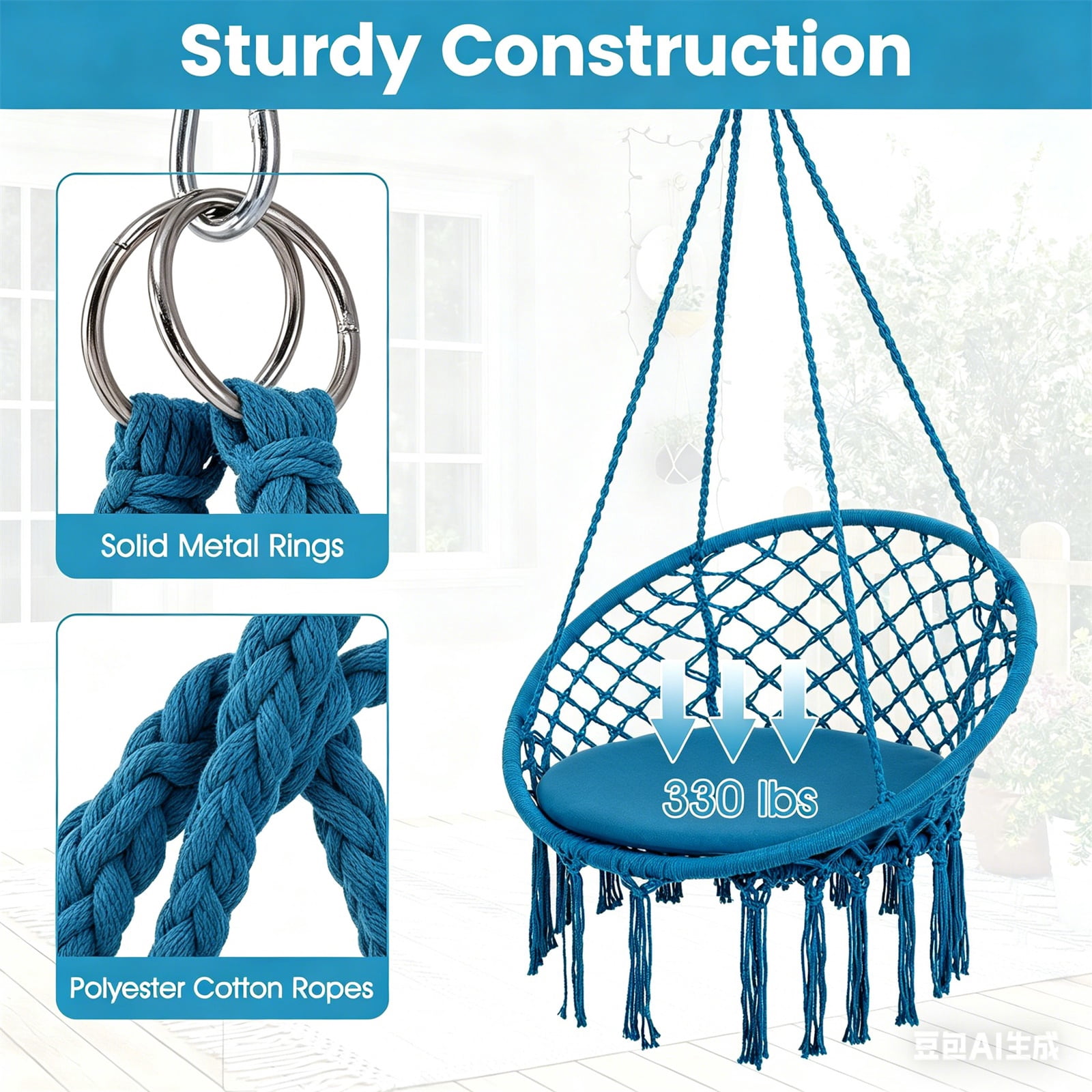 Hommoo Macrame Swing Chair Hammock Chair with Round Cushion Seat, Handmade Knitted Relax Hanging Cotton Rope Chair for Home, Blue