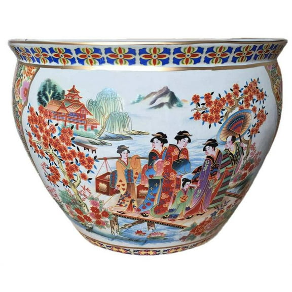 Chinese Porcelain Fishbowl Planters in Satsuma Geishas (10" W x 7 " H | Base 6") - Oriental Furniture Warehouse