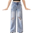 thumbnail image 2 of KVPLBQFD Girls Ripped Jeans Zipped Elastic Waist Baggy Wide Leg Denim Pants for Teens Unisex Y2K Streetwear Trendy Clothes for Kids, 2 of 5