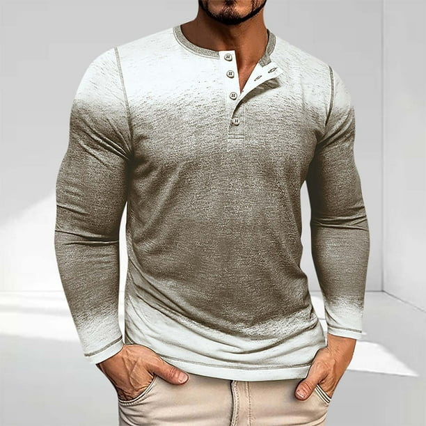 Blusas y camisas de manga larga con cuello redondo y degradado para hombre, blusas casuales con botones y cuello redondo, blusas de poliéster para hombre