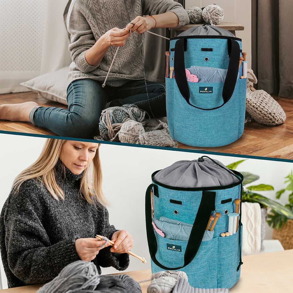 PAVILIA Knitting Bag Crochet Organizer Bag, Yarn Storage Tote, Knitting Accessories Supplies, Yarn Holder For Knitting With Grommets, Needles Hooks Essentials, Crochet Project Case (Turquoise Blue)