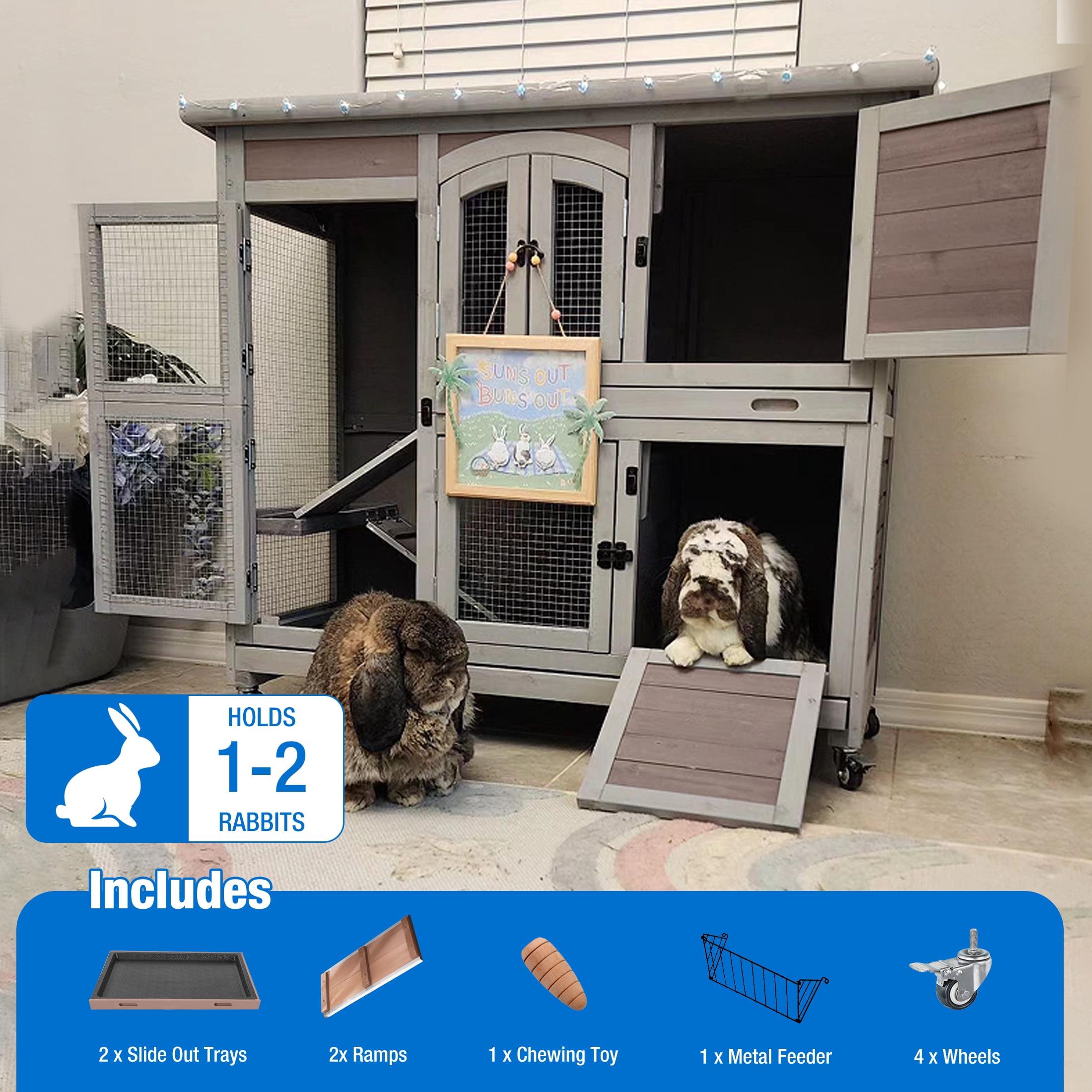 Suumerpety Rabbit Hutch Indoor Bunny House Guinea Pig Cage with Slide-Out Tray Wooden Small Animal Cage with Wheels & Ramp for Rabbits and Bunnies