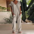 thumbnail image 2 of Harem Jumpsuits For Women Casual V Neck Short Sleeve Romper Baggy Loose Fit Wide Leg Overalls with Pockets One Piece Onesie, 2 of 7