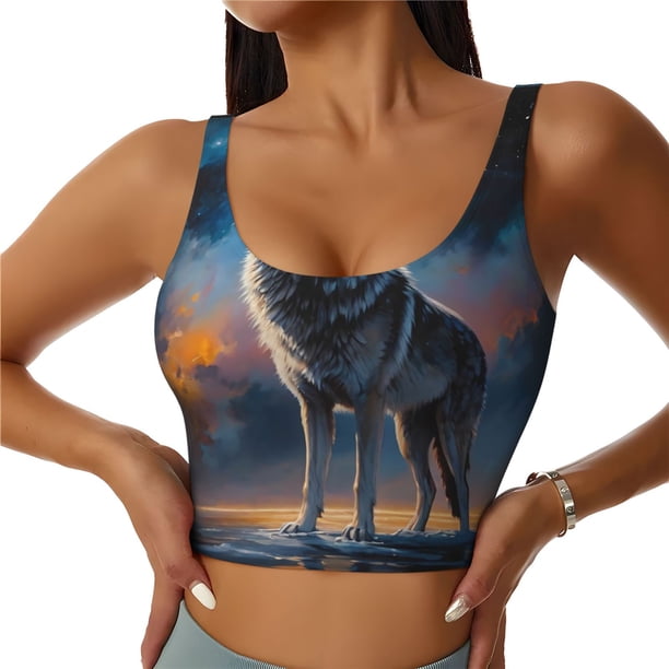 Fotbe Lonely Night Sky Wolf Sujetador Deportivo Largo sin Aros para Mujer con Almohadillas y Soporte Medio, Transpirable y Absorbente, Camiseta Tipo Chaleco o Tank Top-Small