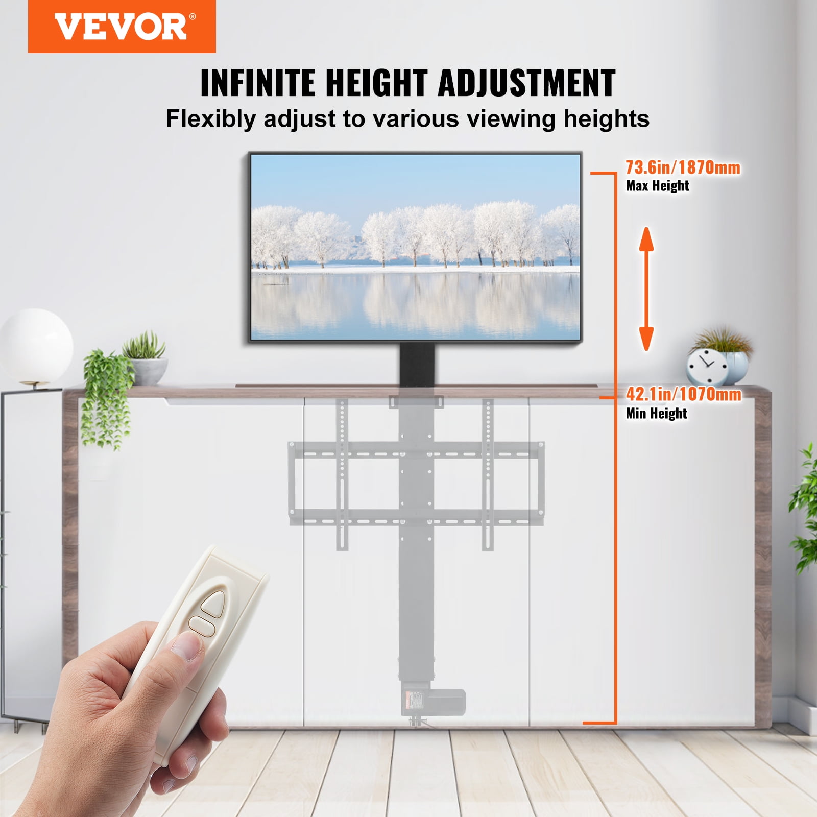 VEVOR Motorized TV Lift Mount 42-73" Height Adjustable, 32" Stroke Length, Fit for Max.60" TV Lift with Long-Distance Regulator, Load Capacity 132 lbs