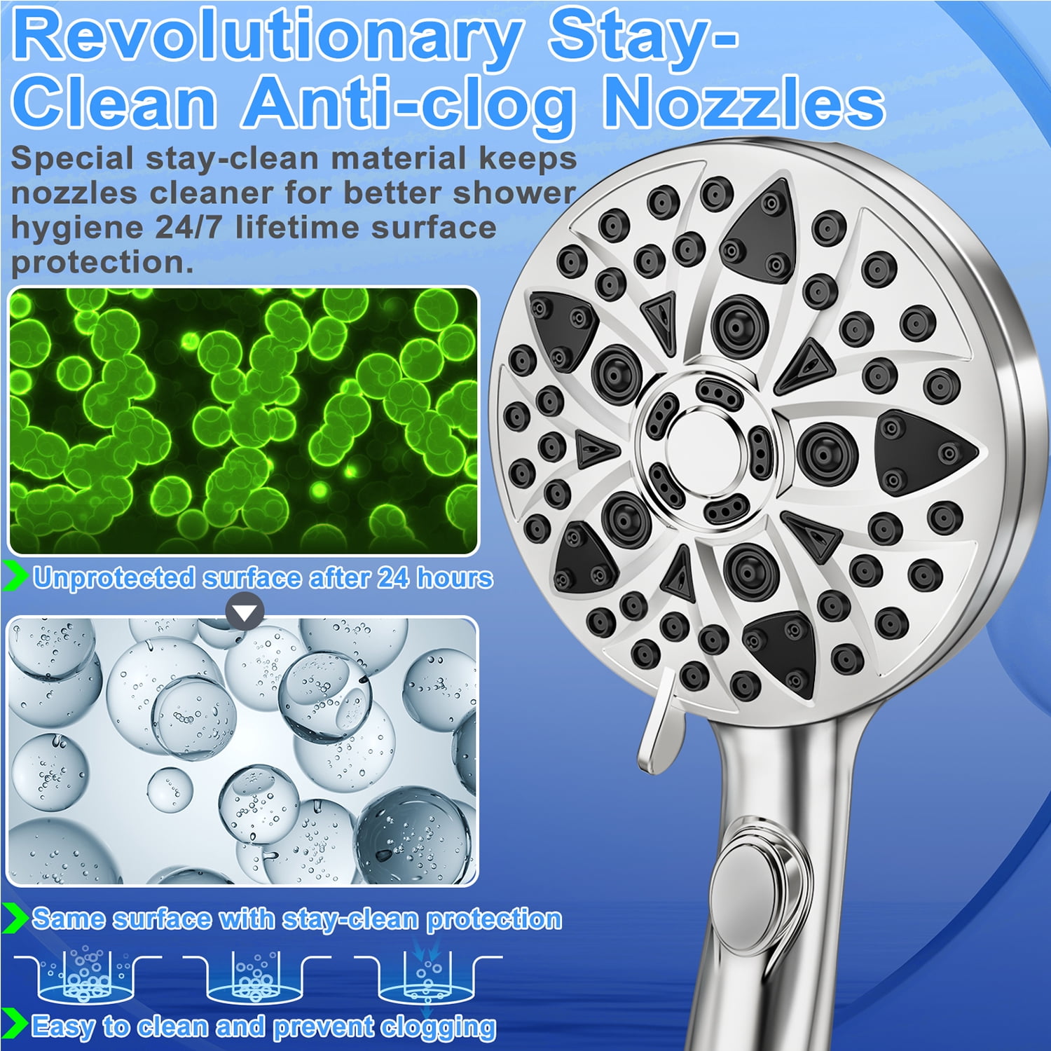 Shower Head - 9-Mode High Pressure Handheld Shower Head with Water Stop Button, Shower Head with Ultra-long Stainless Steel Hose, 9 Spray Settings