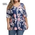 thumbnail image 1 of Camisa de mujer Blusa estampada con hombros descubiertos y manga corta con cuello en V, Azul marino, 5XL Methold AP002468-25, 1 of 5