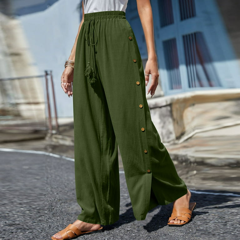 Cotton Linen Pants for Women Casual Summer Elastic Tie Waist Side Button  Down Split Flowy Pant Wide Leg Trousers (3X-Large, Army Green) 