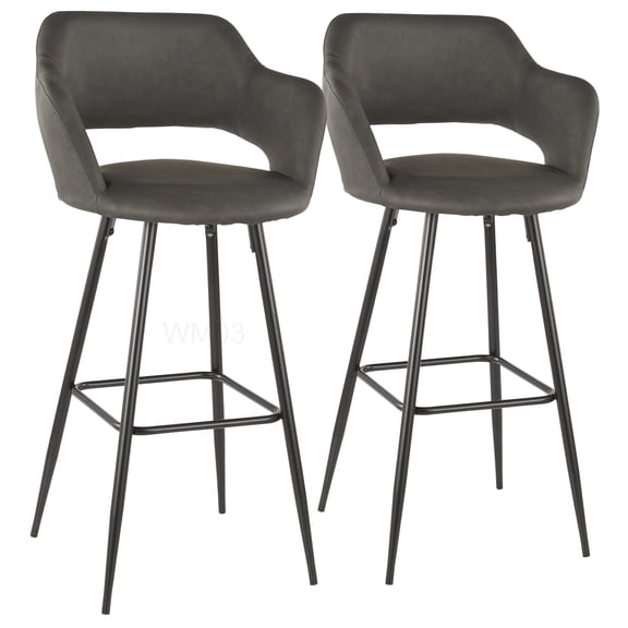 Set of 2 Black Metal Bar Stools with Grey Faux Leather Upholstery, Low Back Modern Counter Stools for Kitchen Island