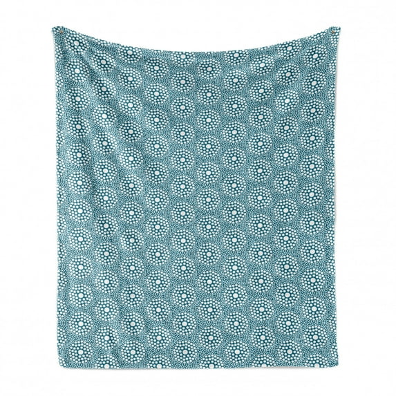 Abstract Soft Flannel Fleece Throw Blanket, Contemporary Illustration of Graphic Polka Dots in Different Sizes, Cozy Plush for Indoor and Outdoor Use, 70" x 90", Petrol Blue and White, by Ambesonne