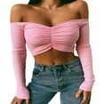 thumbnail image 1 of Women Off Shoulder Crop Top Long Sleeve Ribbed Knit Stretchy Blouse Top Vest, 1 of 6