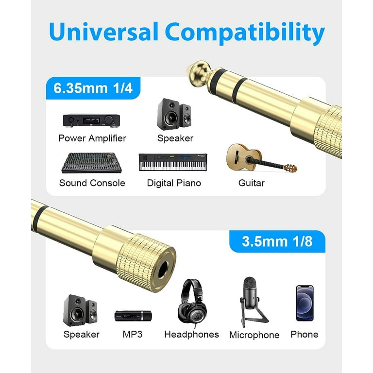 6.35mm 1/4 to 3.5mm 1/8 Adapter Cable, 3-Pack TRS 6.35mm Male to 3.5mm  Female Stereo Jack Aux Audio Adapter for Amplifiers, Guitar, Keyboard  Piano