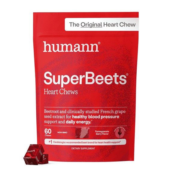 Humann SuperBeets Heart Chews, Beet Root Powder Support Energy Supplement, Nitric Oxide and Blood Pressure Support, Grape Seed Extract & Non-GMO, Heart Health, Pomegranate Berry Flavor, 60 Count